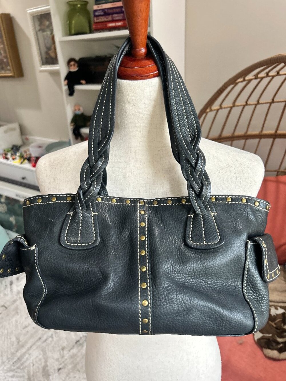 Fossil y2k east-west studded black satchel with braided leather